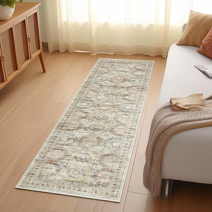Washable Runner Rugs for Bedroom - 2x6 Runner Rug Non Slip, Ultra-Thin Entryway Runner, Soft Abstract Kitchen Runner for Hallway, Laundry, Bathroom, Indoor Door Mat(2'x6', Brown/Pink)