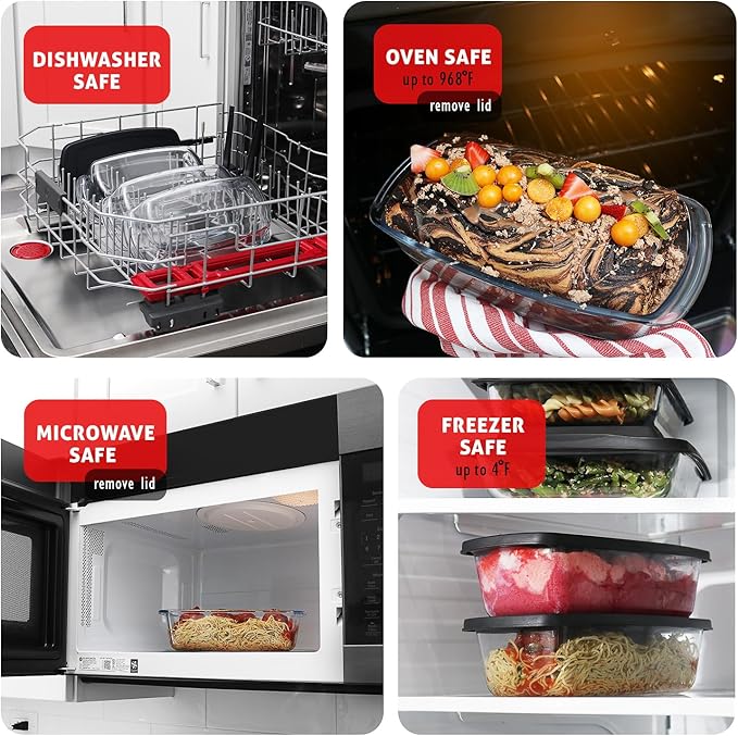 EATEX Glass Bread Pans for Homemade Bread Baking, 1.9 Quart Deep Rectangular Glass Food Storage Containers with Lids, 3 Bread Loaf Pans 3 Airtight Lids Black BPA Free Microwave Oven & Freezer Safe