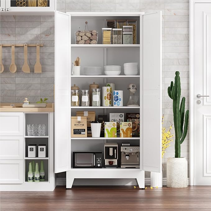 Kitchen Pantry Cabinet,71" H x 31.5" W,Metal Farmhouse Storage Cabinet with Adjustable Shelves and Barn Doors,5-Tier Storage Cabinet for Kitchen Dining Room Garage,White