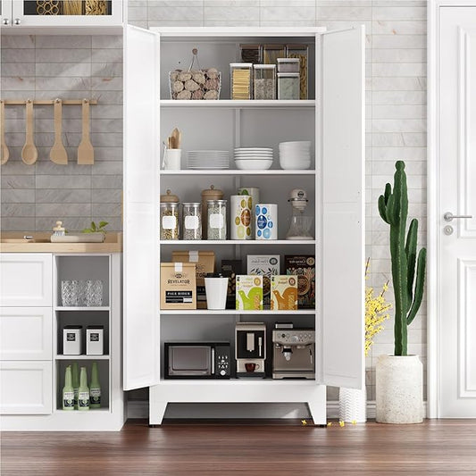 Kitchen Pantry Cabinet,71" H x 31.5" W,Metal Farmhouse Storage Cabinet with Adjustable Shelves and Barn Doors,5-Tier Storage Cabinet for Kitchen Dining Room Garage,White