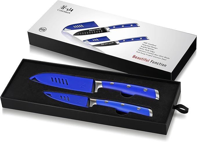 Cangshan S+ Series 1022124 German Steel Forged 2-Piece Titanium Coated Santoku Starter Knife Set with Sheaths, Atlantic Blue