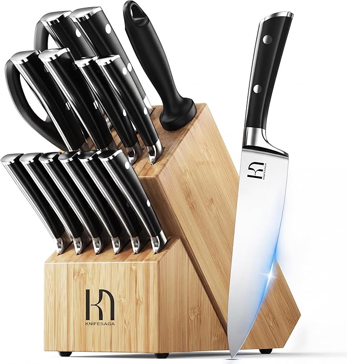 Knife Set, 15 Pcs Knife Block Set, Enduring Razor-Sharp Japanese High Carbon Stainless Steel Chef Knife Set with Block and Sharpener, Premium Knives Set for Kitchen, Natural Bamboo Block