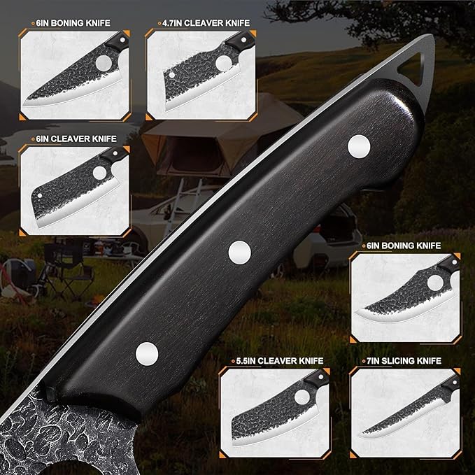 TAN REN 17PCS Butcher Knife Set with Bag, High Carbon Steel BBQ Knife Set for Meat Cutting, Hand Forged Serbian Chef Knives for Men Home & Outdoor Cooking, Christmas Gifts for Men