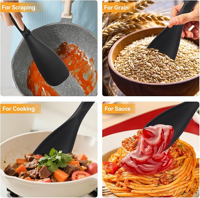 Multifunction Cooking Spoons for Nonstick Cookware, Seamless Design Silicone Spatula Spoon for Mixing, Scoop and Scrape, Dishwasher Safe, Black & Gray