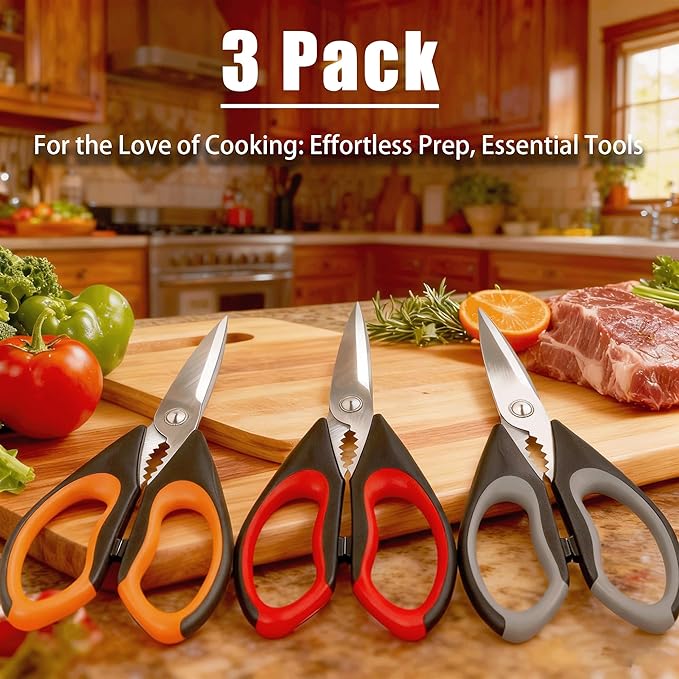 Kitchen Scissors All Purpose 3 Pack - Heavy Duty Stainless Steel Cooking Shears for Cutting Meat, Food, Fish, Poultry Multipurpose Sharp Sissors for Dishwasher Safe, with Protective Sheath