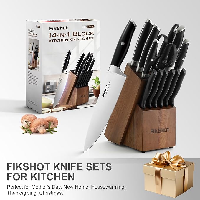 Knife Block Set, FIKSHOT Kitchen Knife Sets, High Carbon Stainless Steel Full Tang, Razor-Sharp Blade Rust Resistant, Professional Chef's Knives for Home Cooking (BLACK)