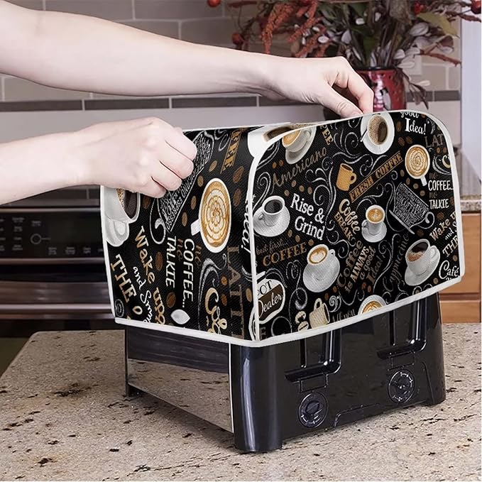 Annejudy Coffee Theme Print 2 Slice Toaster Cover Kitchen Small Appliance Covers Universal Size Microwave Oven Dustproof Cover Women