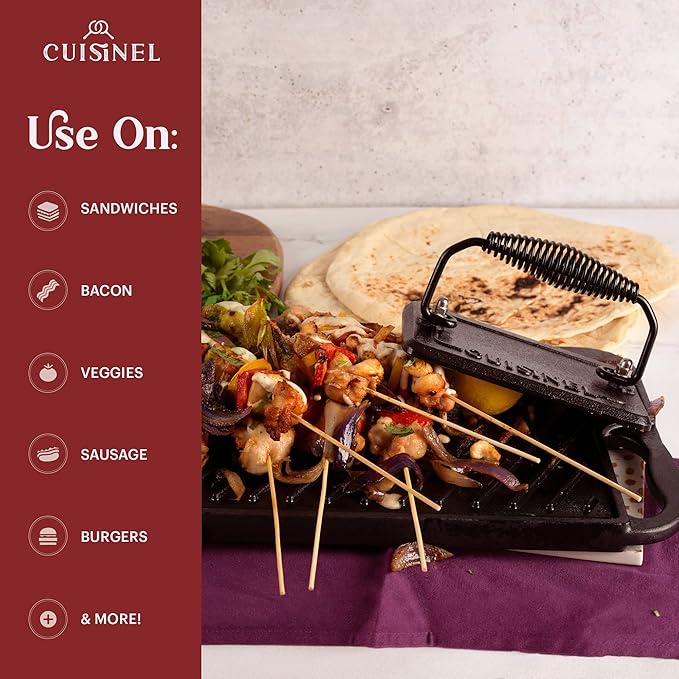 Cuisinel Grill Press - Cast Iron Burger Press for Bacon, Steak & Hamburgers - 6.75" x 4.5" Rectangular Pre-Seasoned 2.8-lb. Weight Sandwich Maker - Griddle, BBQ Accessory - Comfort-Grip Handle
