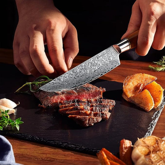 SENKEN 6-Piece Damascus Steel Steak Knife Set - Non-Serrated Steak Knives with Sycamore Wood Handles - The Dynasty Collection - 67-Layer Japanese VG10 Steel (6-Piece Steak Knife Set)