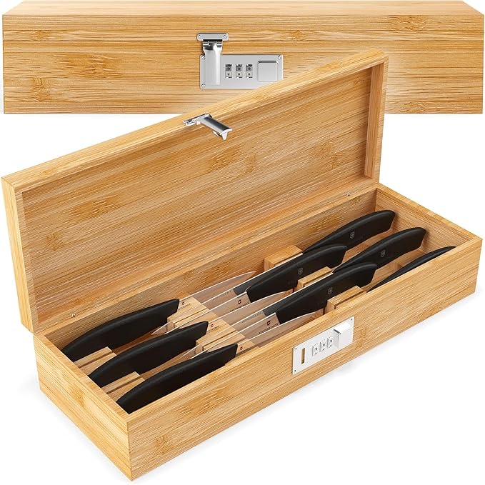 Upgraded Combination Lock Bamboo Locking Kitchen Knife Storage – Secure & Eco-Friendly Wooden Knife Box with Improved Quality, Fits in Drawers & Keeps Knives Safe