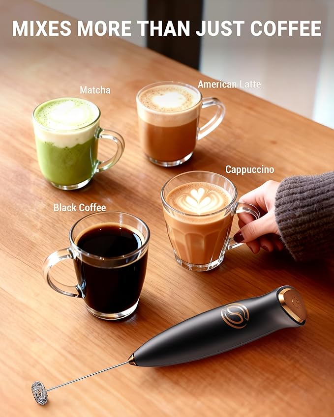 Heylotie Milk Frother With Stand Milk Frother Wand Coffee Frother Handheld Drink Mixer Handheld with 2 Whisks Electric Whisk Stirrers Electric Frother for Coffee Mixer Wand Milk Foamer-Black/Copper