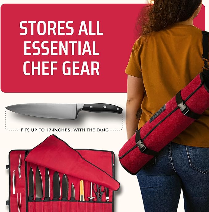 Asaya Canvas Chef Knife Roll Bag - 10 Knife Slots and a Large Zipper Pocket - Durable 10oz Canvas Knife Case with an Adjustable Shoulder Strap - Knives not Included (Red)