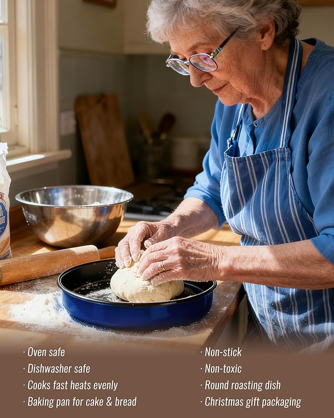 MCCSI Baking Pans Set Round Roasting Dish 4-Pack 9/10/12/14 Inch Enamel Non Stick Large Bakeware for Cake Bread Pie Pizza Ham Turkey, Non-Toxic Oven Dishwasher Safe Mother's Christmas Gift Cookware