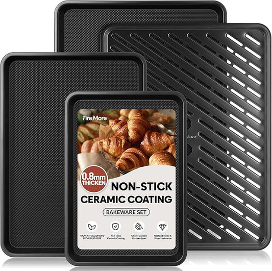 Cookie Sheets for Baking with Cooling Rack Set of 4, 0.8mm Thick Nonstick Baking Sheets for Oven, Half/Quarter/Jelly Roll Pans for Oven, Heavy Duty Oven Trays with Diamond Texture
