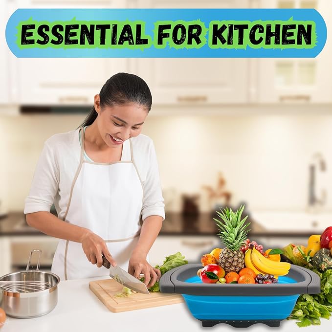 Collapsible Colander Set,Premium Food Grade Silicone Folding Strainers with Handles Space Saving Colanders for Draining Pasta,Vegetables & Fruits,Ideal for Kitchen & Travel (1pc(blue))