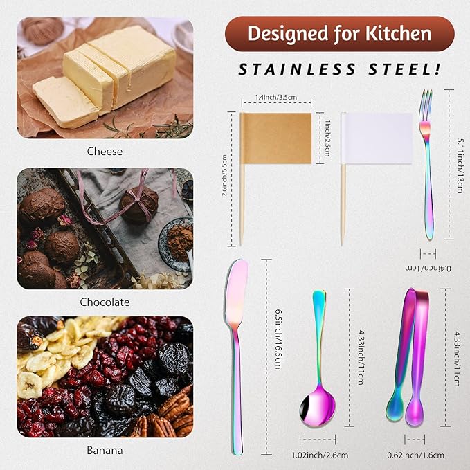 Patelai Charcuterie Boards Accessories Charcuterie Utensils Set Cheese Butter Spreader Knives Stainless Steel Mini Serving Tongs Spoons Forks and Toothpick Flags for Appetizers Pastry(Rainbow Color)