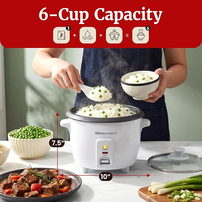 Elite Gourmet Electric Rice Cooker with Steam Tray and Non-Stick Inner Pot Makes Soups, Stews, Grains, Cereals, Keep Warm Feature, 6 Cups Cooked (3 Cups Uncooked), White