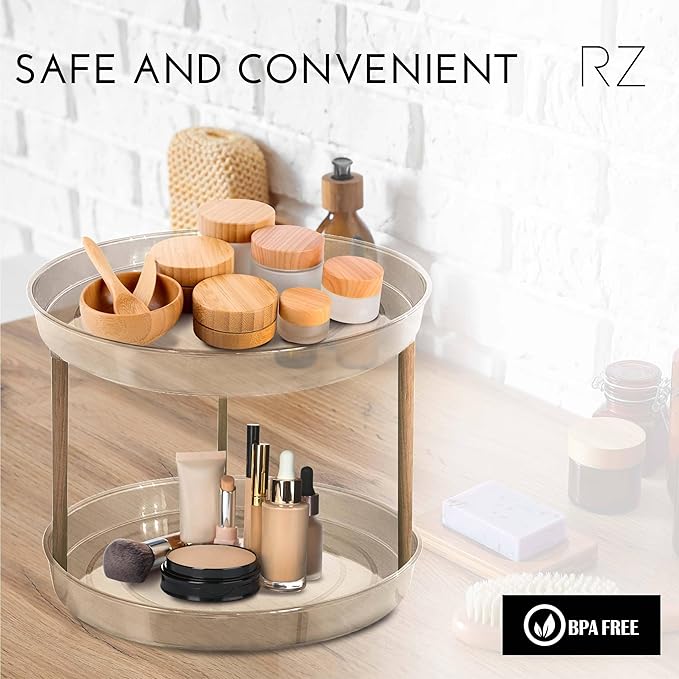 Rachel Zoe 2 Tier Lazy Susan Organizer, Wood Two Tier Lazy Susan Turntable, 360° Spin Tray Organizer, Pantry Spice Organizer for Kitchen, Rotating Bathroom Counter Organizer