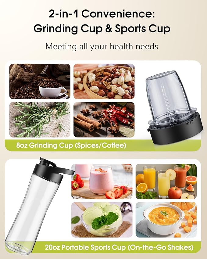 HoninJoy Countertop Blenders for Kitchen, 1400W Professional Blender for Smoothies, 3 Functions with 5 Speeds Smoothie Blender, with 51-oz Glass Jar, Grinder & Portable Cup Combo, Self-Cleaning