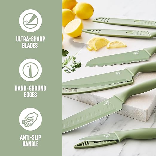GreenLife 6 Piece Kitchen Knife Set, Rust-Resistant Nonstick Coating, High Carbon Stainless Steel Knives, Blade Guards, Razor Sharp, Ergonomic Handle, Chef, Santoku, Paring, Sage Green