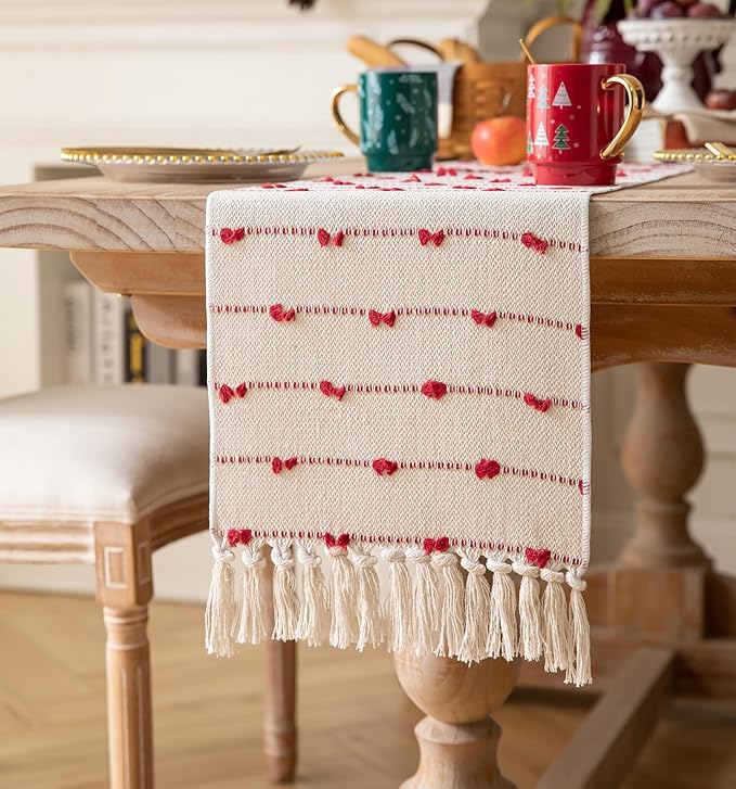 Caflife Christmas Valentines Table Runner 90 Inchs Long for Farmhouse Room Home Valentine's Day Decorations, Boho Red Table Runner, Natural Cotton Woven for Holiday Kitchen and Dining Table Decor