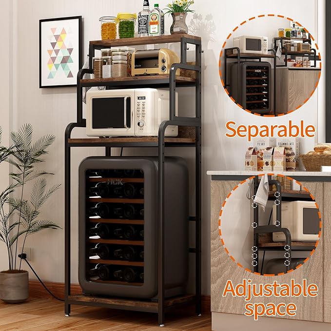 Bakers Rack with 4-Tier Mini Adjustable Shelves and Power Outlet, Heavy-Duty Metal Frame Kitchen Shelf Organizer, Mini Fridge & Microwave Stand for Kitchen, Dorm, Living Room, Walnut Brown