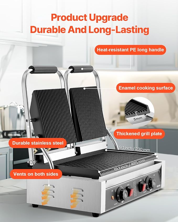 VEVOR Commercial Panini Grill, 3600W Electric Sandwich Panini Maker, Stainless Steel Double Sandwichs Press with Handle and Temp Control, 19x9 in Full Grooved Enamel Plate, for Hamburger Steak Bacon