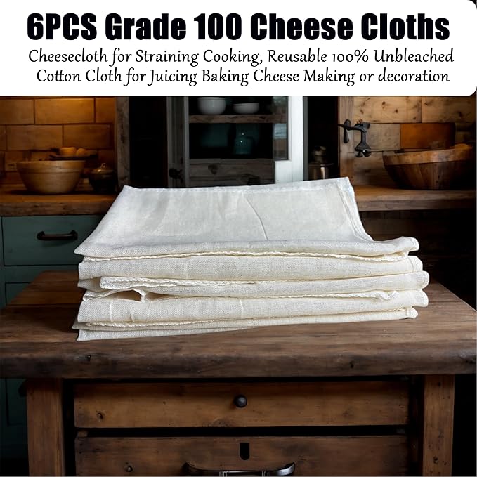 Precut Cheesecloth, 20x20 Inch Grade 100 Cotton, 6 Pack Unbleached Muslin Straining Cloth for Cooking, Juicing, Cheese Making- Food Strainers