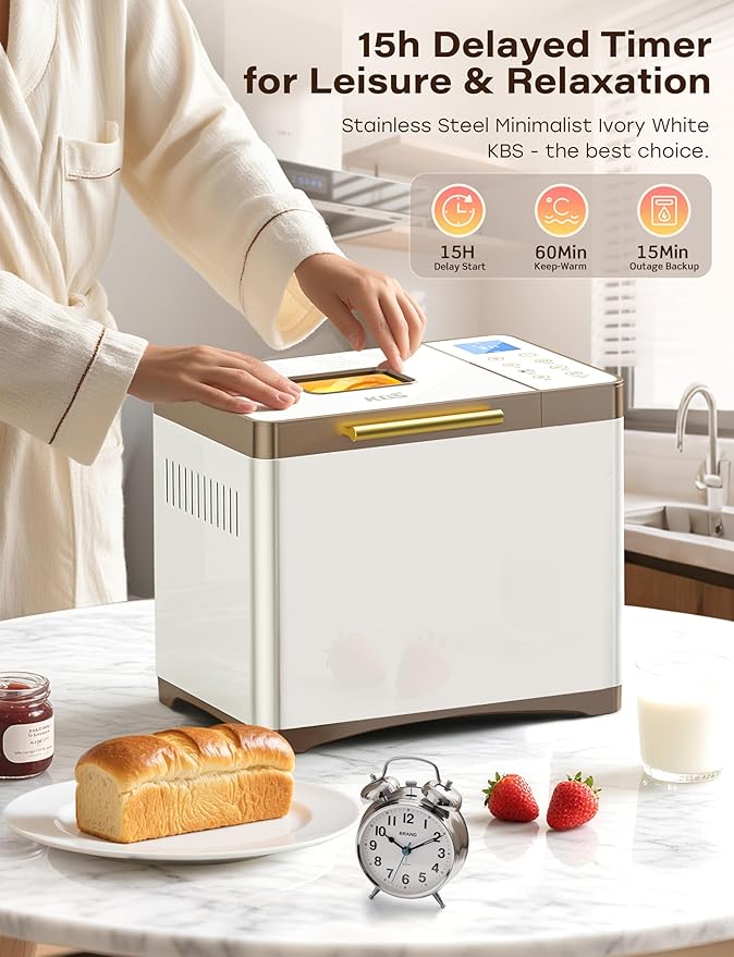 KBS 20-IN-1 Bread Maker with Custom Program, 650W Bread Machine with Nonstick Ceramic Pan & Paddle, 2LB Stainless Steel Bread Maker Machine, Polish Bread, Gluten-Free, Touch Panel, 15H Timer, 3 Colors