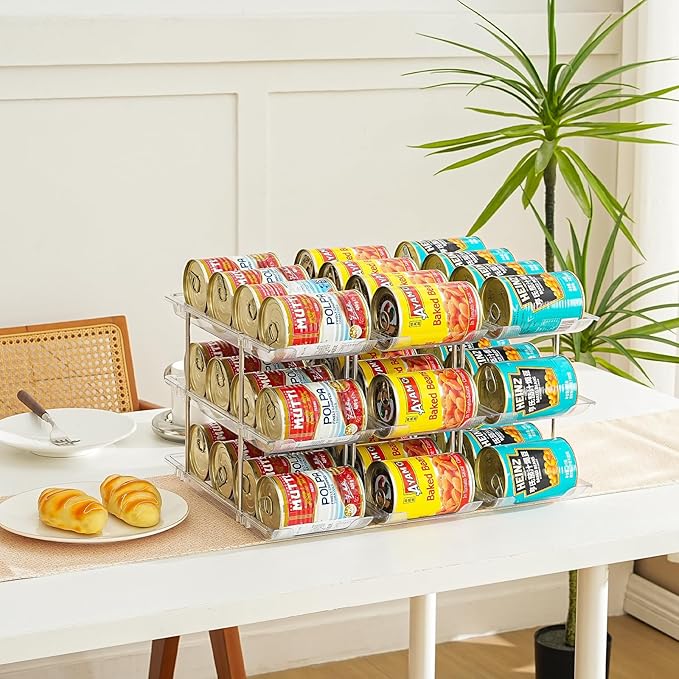 Can Organizer for Pantry, Stacking Can Storage Organizer Pantry, Automatic Rolling Can Rack for Fridge, 2Tire 3 Columns Can Holder for 24 Cans, Canned Goods Organizer