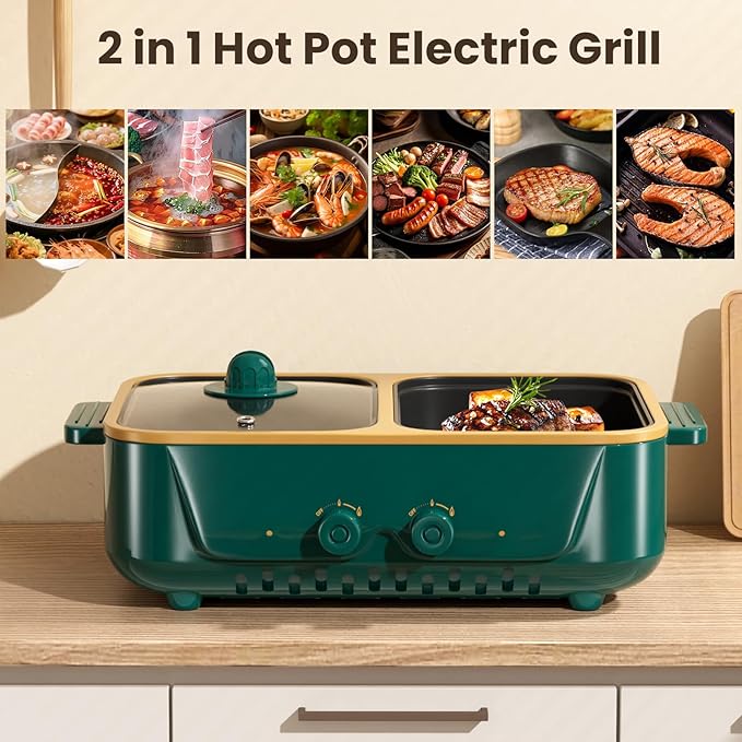 2-in-1 Electric Hot Pot and Grill Combo,1000W Dual Temper Control, Fast Heating - Indoor Cooking Appliance for BBQ, Steaks, Noodles & More - Suitable for Up to 4 People (Green T)