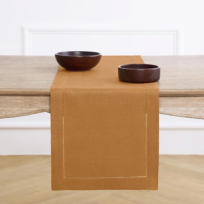 Solino Home Linen Brown Sugar Table Runner 132 Inches Long - 100% Pure Linen Extra Long Table Runner 14 x 132 Inch - Classic Hemstitch
