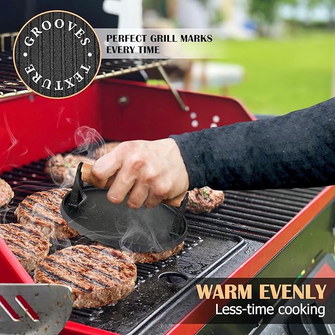 Joyfair Smash Burger Press for Griddle (7 Inch), Cast Iron Hamburger Smasher, Flattop Grill Presses Accessories Tool for Bacon, Patty, Meat, Steak, Sandwich, Heavy Duty & Dishwasher Safe