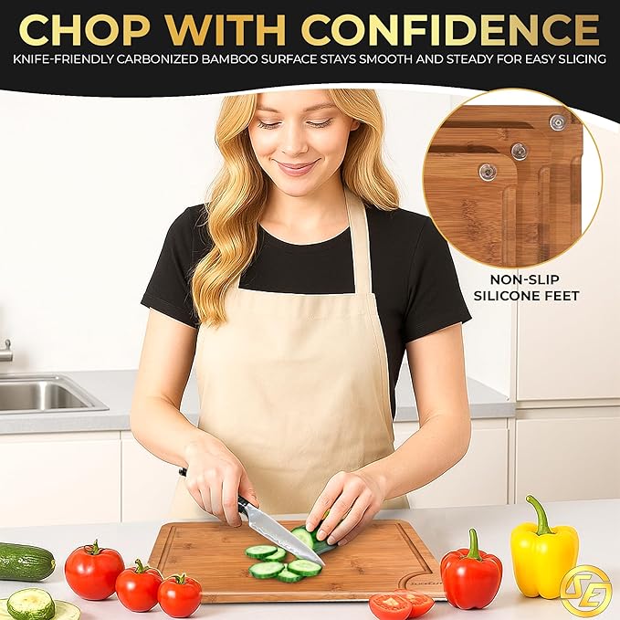 SliceElite Rich Brown Carbonized Bamboo Cutting Board Set 3 Piece Kitchen Boards with Deep Juice Groove Non Slip Silicone Feet Space Saving Rack Stand for Chopping Serving Meal Prep and Charcuterie