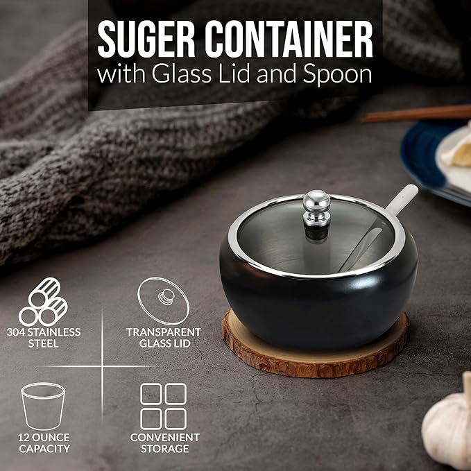 Sugar Bowl with Lid and Spoon | 12oz Sugar Container for Coffee Bar | Stainless Steel Holder Jar for Salt, Tea, Candy, Sugar Cube, Brown Sugar, Ghee | Kitchen Countertop Storage Accessories | 350ml