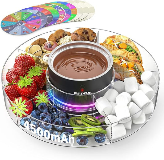 FEPPO Cordless Electric Fondue Pot Set with Mood Light, 2*4500mAh Rechargeable Battery Powered, 7 Game Cards & Detachable Taco Serving Tray, Melted Chocolate Cheese for Outdoor Indoor Parties Camping
