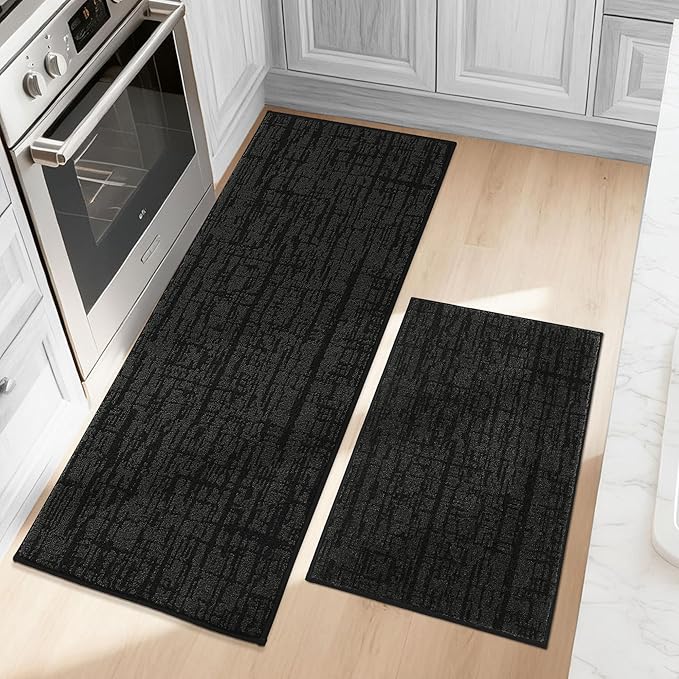 COSY HOMEER Kitchen Rugs Non Slip Washable 24"x36"+24"x60",Absorbent Soft Kitchen Mats for Floor,Polyester Kitchen Runner Rug Sets of 2,Kitchen Floor Mats for Sink Mat,Hallway,Laundry,Black