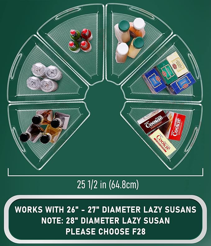 Lazy Susan Cabinet Organizer Bins for 26"/ 28"/ 32" Diameter Corner Organizer, Plastic Cabinet Storage Bin, 1/8 Wedge - Food Safe, BPA Free, with Non-Slip Pads (for 32" Diameter, 6 Pack)