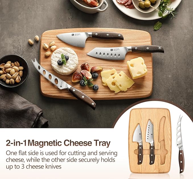 XINZUO Cheese Knife Set with In-Drawer Block, 4-Piece for Charcuterie Board,Hard Cheese Knife-Parmesan Cheese Knife,German Stainless Steel,Red Sandalwood Handle