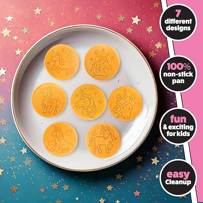 Unicorn Mini Pancake Pan- Make 7 Unique Flapjack Unicorns, Nonstick Pan Cake Maker Griddle for Breakfast Fun & Easy Cleanup, Girls Magical Treat, Dessert or Gift for Kid Party- Easy to Use Long Handle