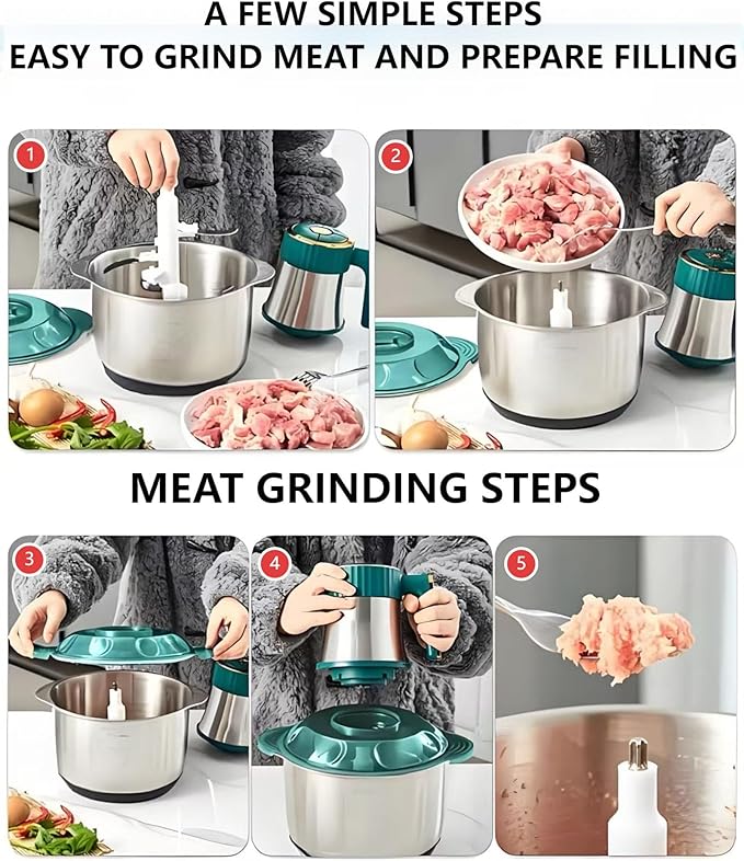 KabFbit 5L Electric Meat Grinder, Stainless Steel Dough Machine, 500w Powerful Food Processing Machine, Used For Dough Mixing, Onion, Meat, Nuts, Fruits, Garlic And Vegetables