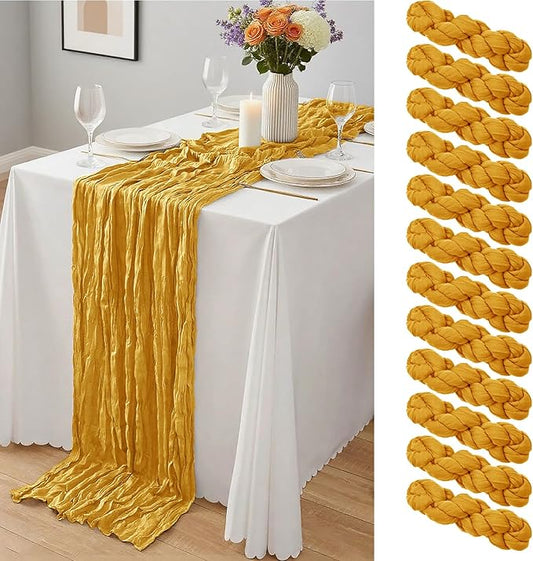 12 Pcs Gold Cheesecloth Table Runner 10Ft, Gauze Table Runners 21.5 x 120 inch,Semi Sheer Cheese Cloth Fabric Runner Bulk for Wedding,Party,Baby Shower,Bridal Shower