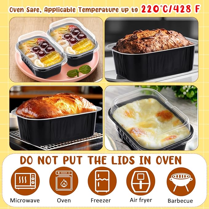 Vesici 100 Sets Mini Loaf Pans with Lids, 5.7 oz Disposable Aluminum Foil Baking Cups, Rectangle Cake Pans for Pudding Desserts Muffin Baking Storage Valentines Wedding Birthday Party(Black Silver)