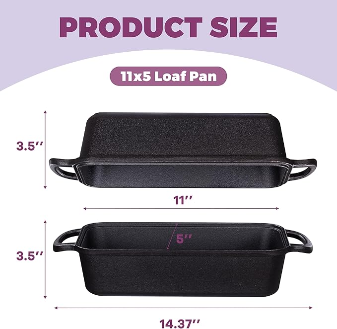 Vanderlume 11x5 Inch Cast Iron Loaf Pan with Lid, Large Dutch Oven Bread Loaf Pan for Sourdough, Homemade Bread Baking, Even Heat Distribution, 5.8Qt