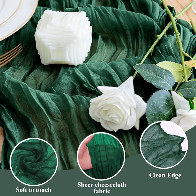 Wokceer Cheesecloth Table Runner 3Pack 10FT Emerald Green Christmas Boho Gauze Cheese Cloth Table Runner for Party Long Rustic Sheer Table Runners for Baby Bridal Shower Wedding Easter Table Decor