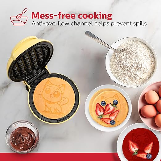 Holstein Housewares Kitty Waffle Maker – Cute Cat-Shaped, 4-Inch Yellow Mini Waffle Iron, Non-Stick, Fun Breakfast Appliance for Kids & Cat Lovers