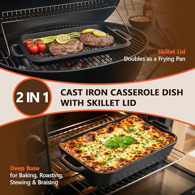 Lvmol 9x13" Casserole Dishes for Oven with Lids - 2-In-1 Pre-Seasoned Cast Iron Baking Dish for Lasagna, Sourdough Bread