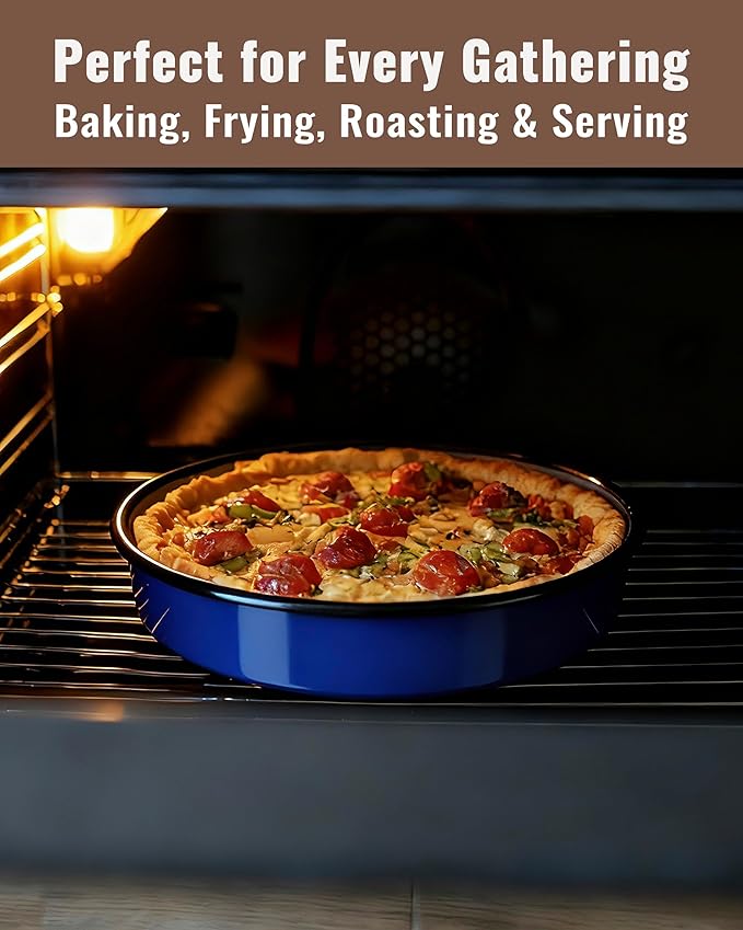 MCCSI Round Cake Pizza Baking Pan 10 Inch Enamel Deep Roasting Dish, Oven Baking Sheets for Cookie, Non-Stick Non-Toxic Chicken Fish Roaster Tray, Dishwasher Safe Christmas Cookware Gift for Mom