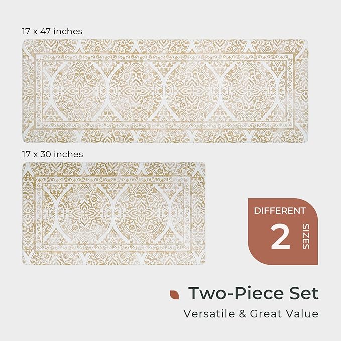 FRESHMINT 2 Piece Set Boho Kitchen Mats for Floor Bohemian Distressed Anti Fatigue Kitchen Rugs Vintage Farmhouse Cushioned Kitchen Runners for Standing Waterproof & Non-Skid Comfort, Khaki Tan