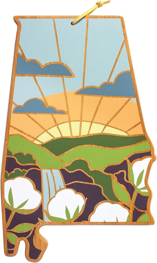Totally Bamboo Alabama State Shaped Cutting Board and Charcuterie Serving Platter with Artwork by Summer Stokes, Includes Hang Tie for Wall Display 10" x 15-3/4" x 5/8"